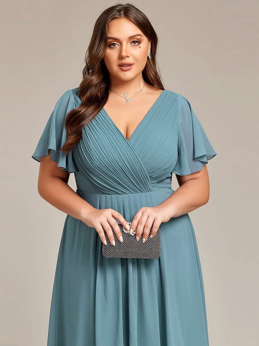 Pleated Asymmetrical Hem Ruffles Sleeve Chiffon Bridesmaid Dress