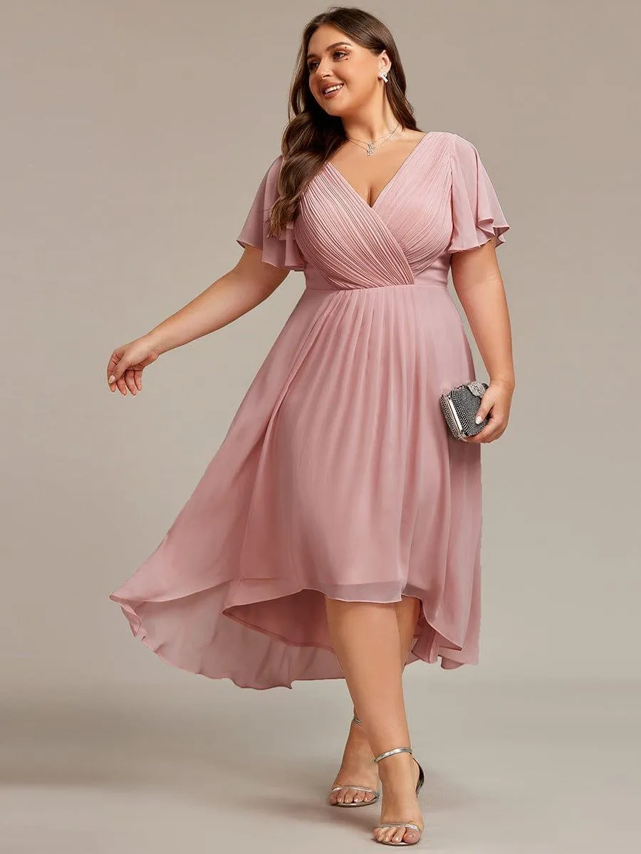 Pleated Asymmetrical Hem Ruffles Sleeve Chiffon Bridesmaid Dress