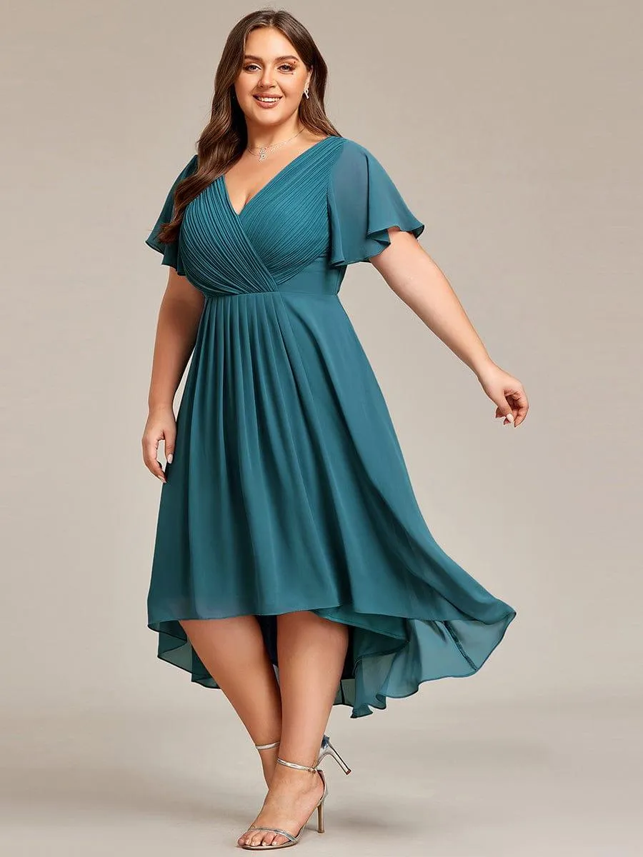Pleated Asymmetrical Hem Ruffles Sleeve Chiffon Bridesmaid Dress