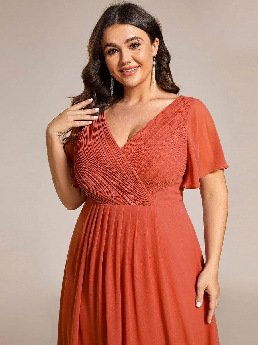 Pleated Asymmetrical Hem Ruffles Sleeve Chiffon Bridesmaid Dress