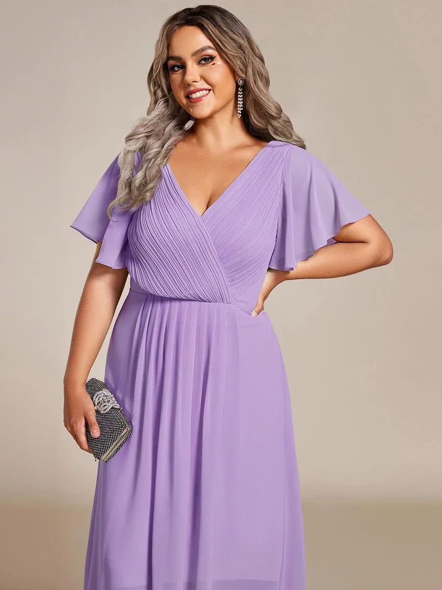 Pleated Asymmetrical Hem Ruffles Sleeve Chiffon Bridesmaid Dress