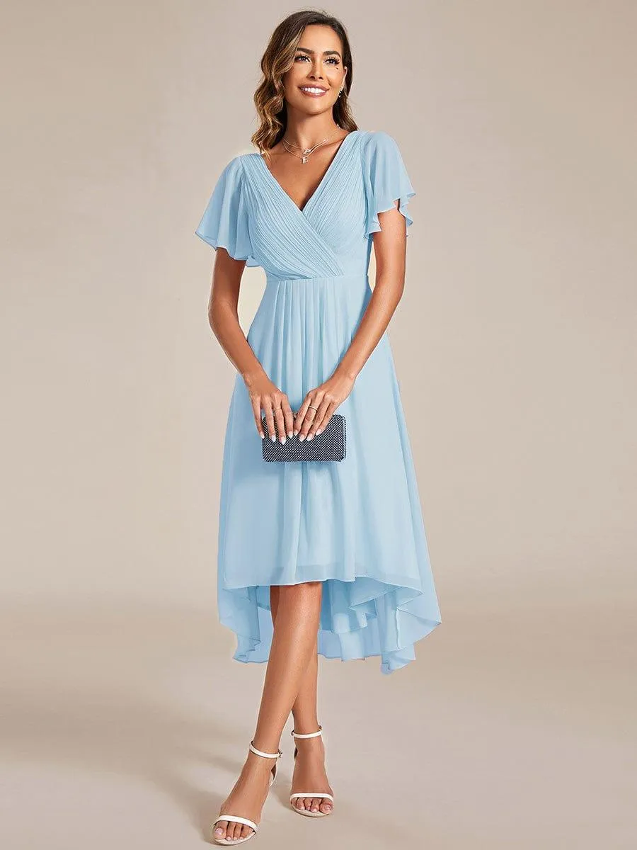 Pleated Asymmetrical Hem Ruffles Sleeve Chiffon Bridesmaid Dress