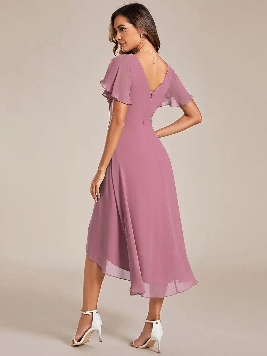 Pleated Asymmetrical Hem Ruffles Sleeve Chiffon Bridesmaid Dress