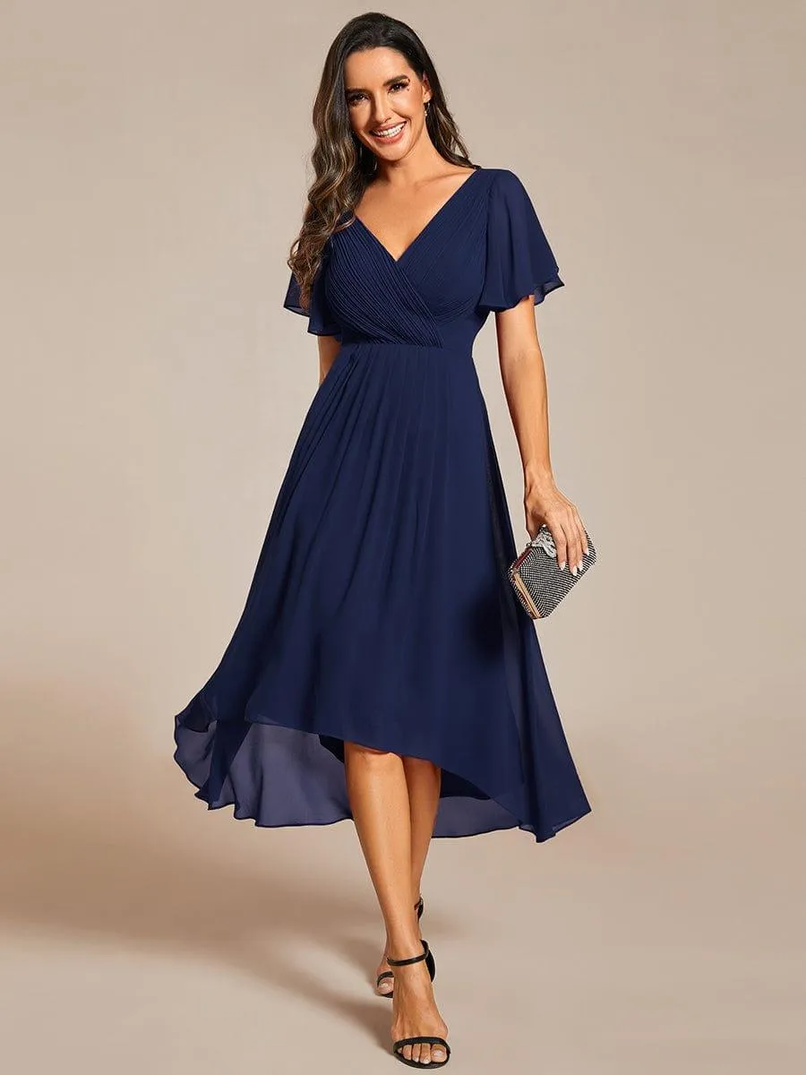 Pleated Asymmetrical Hem Ruffles Sleeve Chiffon Bridesmaid Dress
