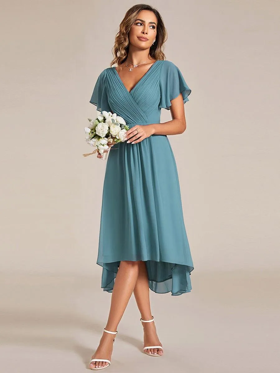Pleated Asymmetrical Hem Ruffles Sleeve Chiffon Bridesmaid Dress