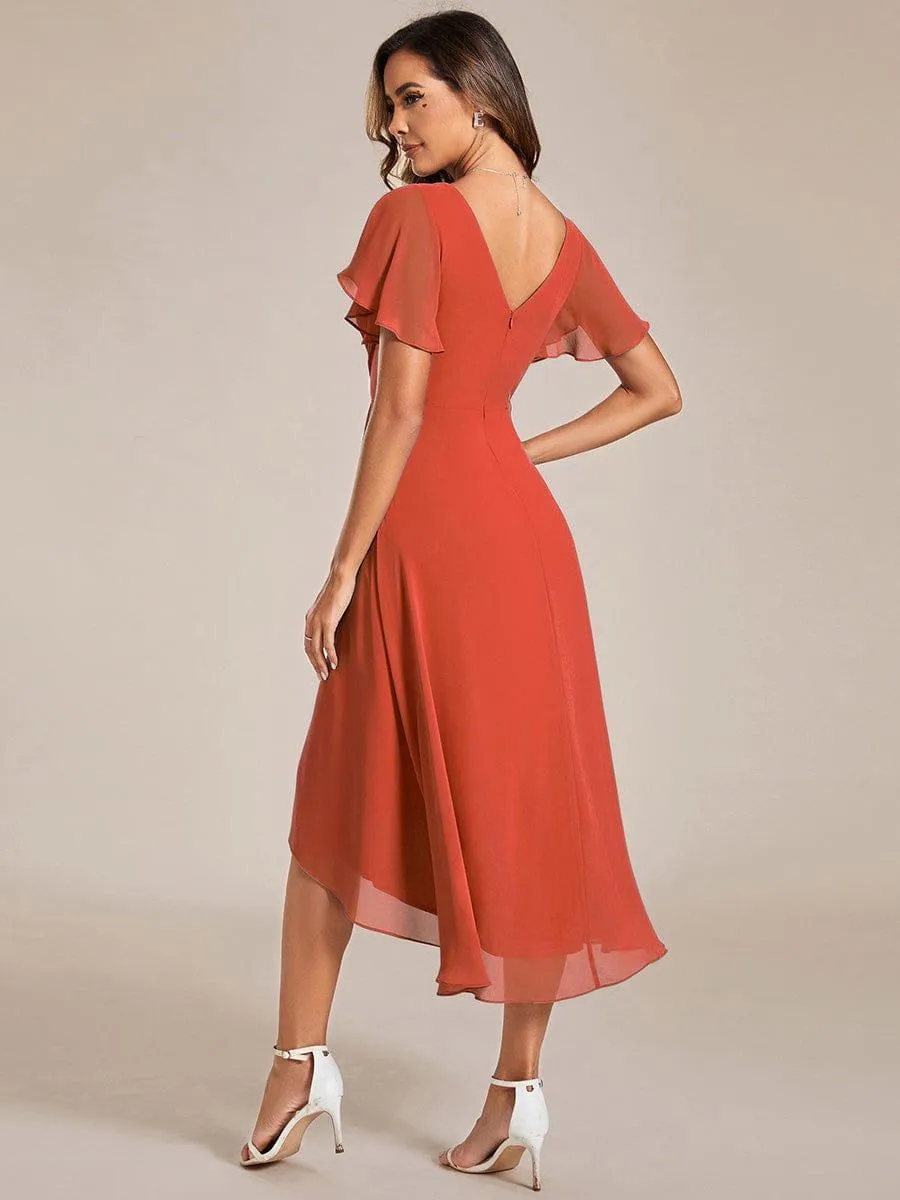Pleated Asymmetrical Hem Ruffles Sleeve Chiffon Bridesmaid Dress