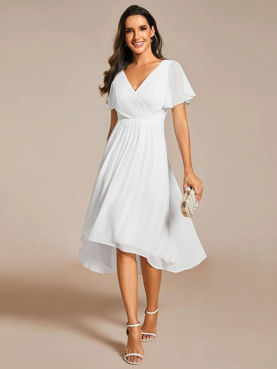 Pleated Asymmetrical Hem Ruffles Sleeve Chiffon Bridesmaid Dress