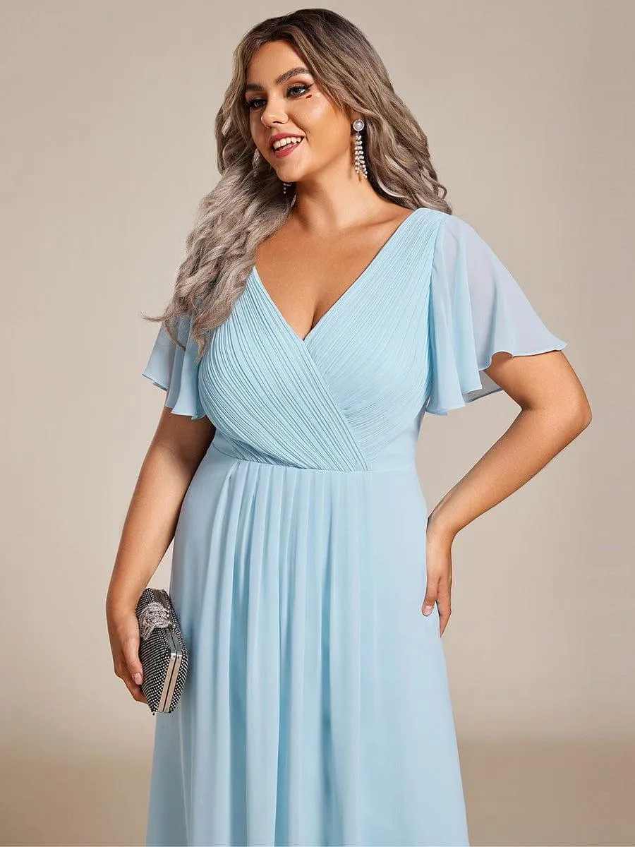 Pleated Asymmetrical Hem Ruffles Sleeve Chiffon Bridesmaid Dress