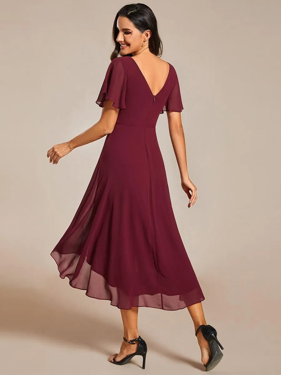 Pleated Asymmetrical Hem Ruffles Sleeve Chiffon Bridesmaid Dress