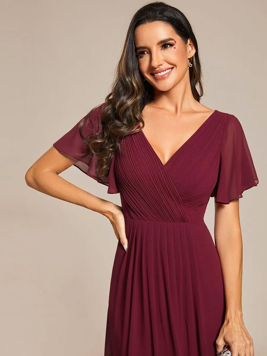 Pleated Asymmetrical Hem Ruffles Sleeve Chiffon Bridesmaid Dress