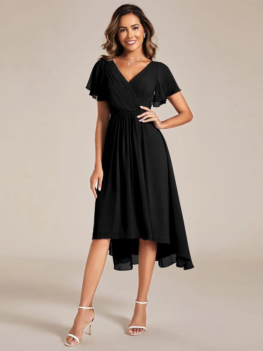 Pleated Asymmetrical Hem Ruffles Sleeve Chiffon Bridesmaid Dress