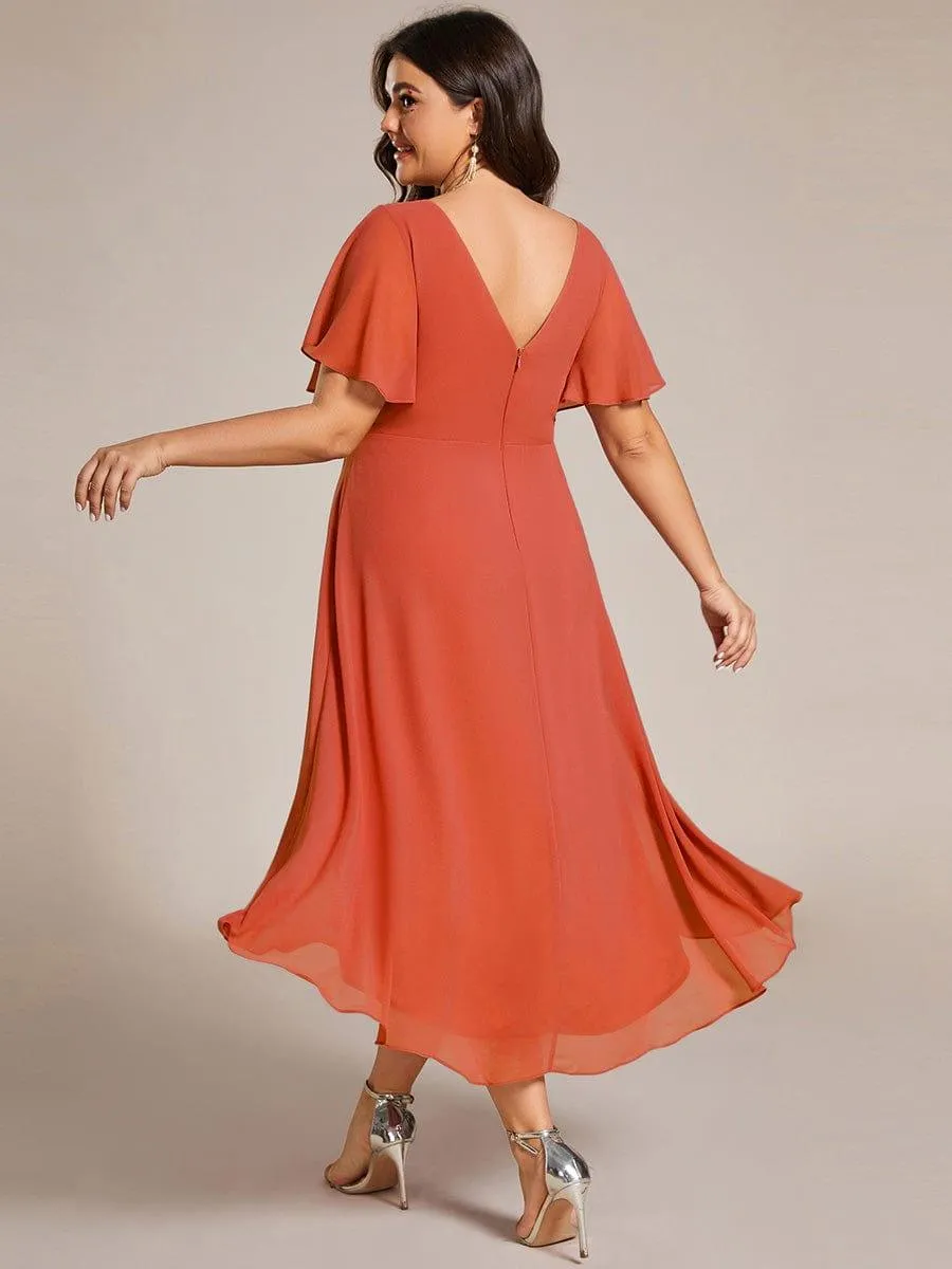 Pleated Asymmetrical Hem Ruffles Sleeve Chiffon Bridesmaid Dress