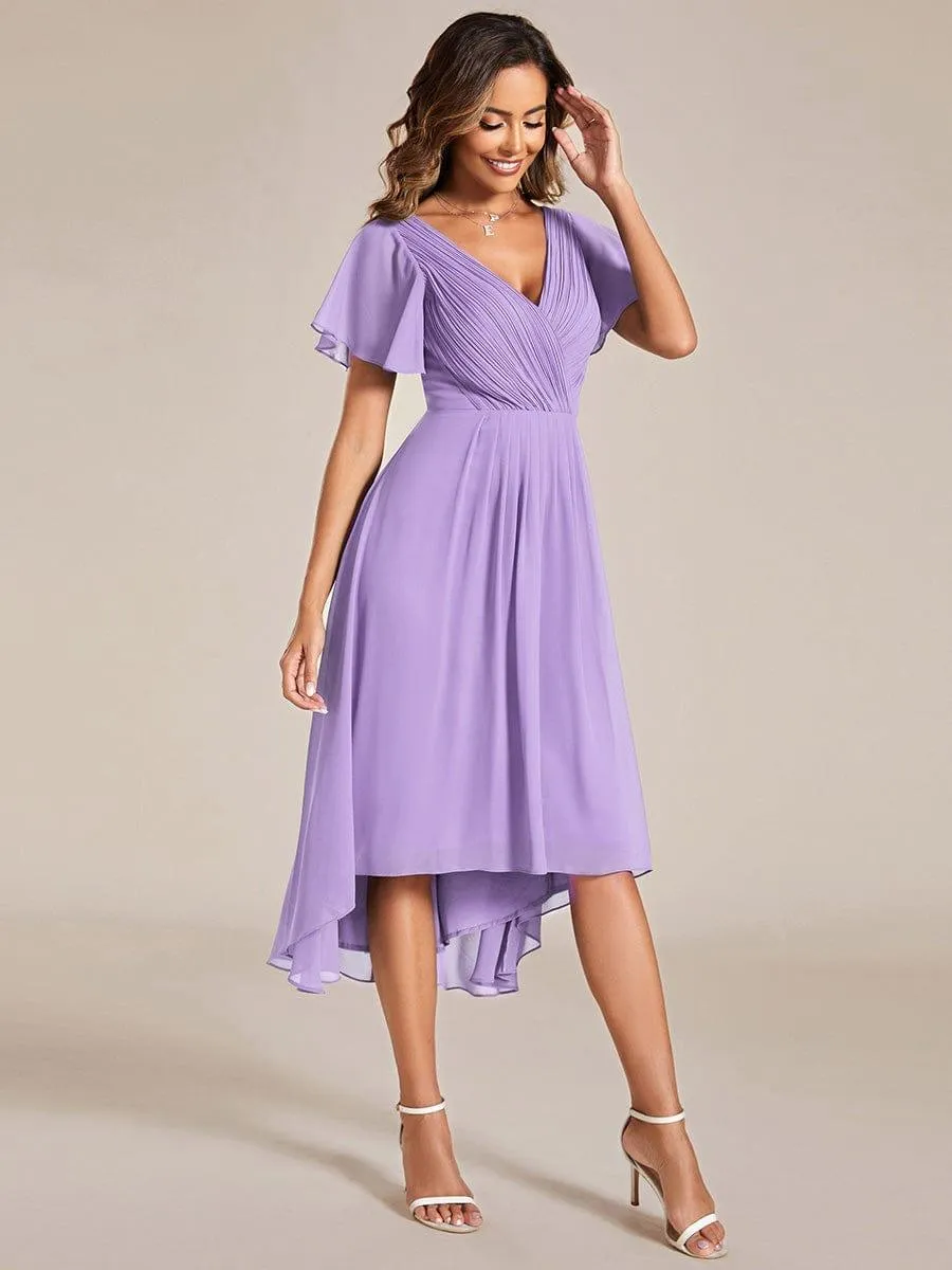 Pleated Asymmetrical Hem Ruffles Sleeve Chiffon Bridesmaid Dress