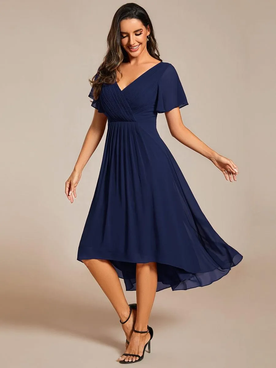 Pleated Asymmetrical Hem Ruffles Sleeve Chiffon Bridesmaid Dress