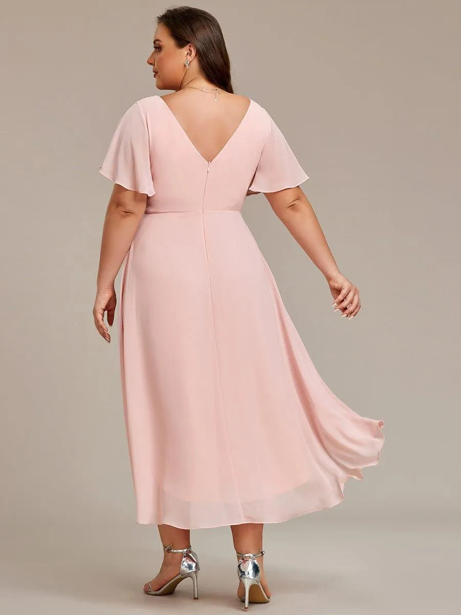 Pleated Asymmetrical Hem Ruffles Sleeve Chiffon Bridesmaid Dress
