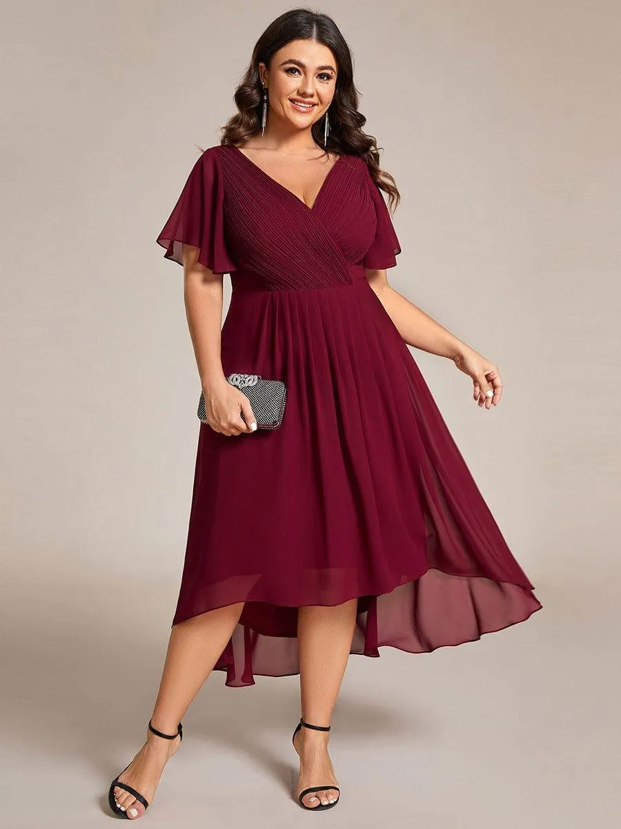 Pleated Asymmetrical Hem Ruffles Sleeve Chiffon Bridesmaid Dress