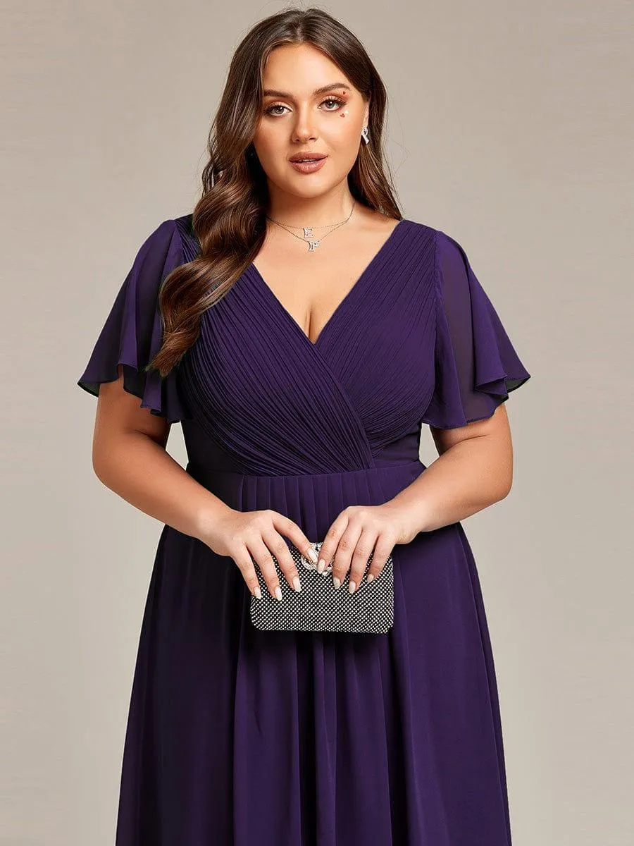 Pleated Asymmetrical Hem Ruffles Sleeve Chiffon Bridesmaid Dress