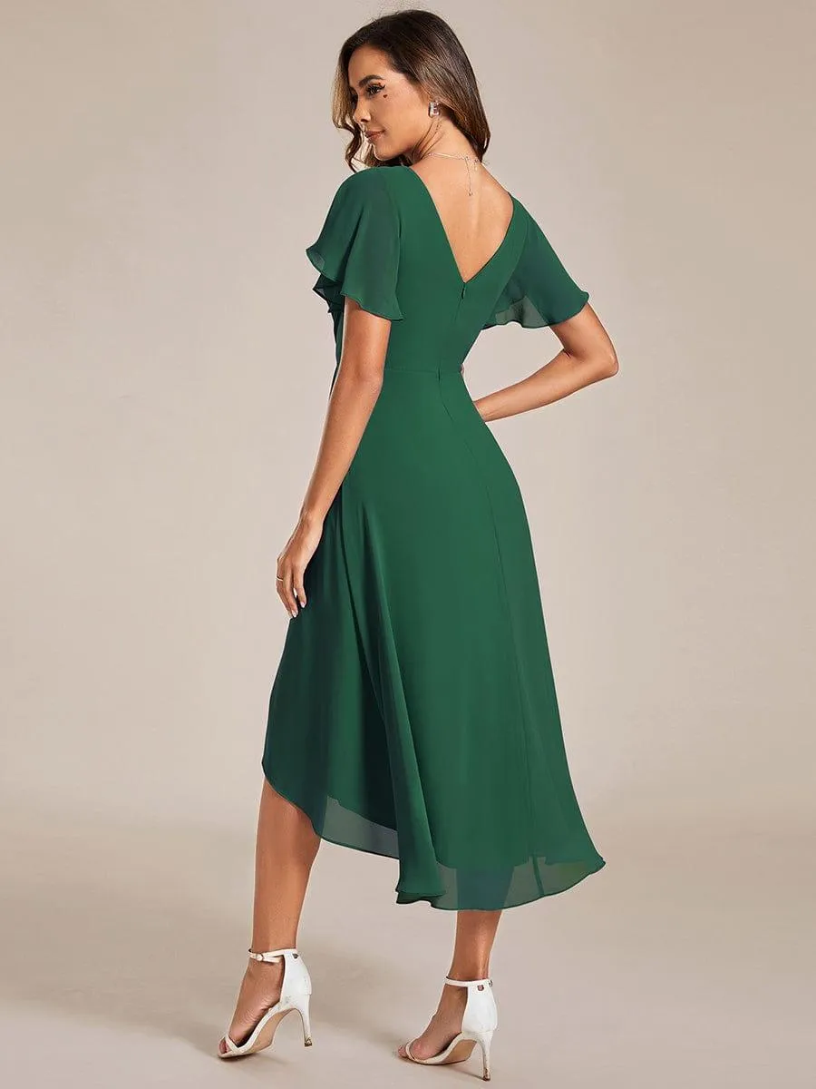 Pleated Asymmetrical Hem Ruffles Sleeve Chiffon Bridesmaid Dress