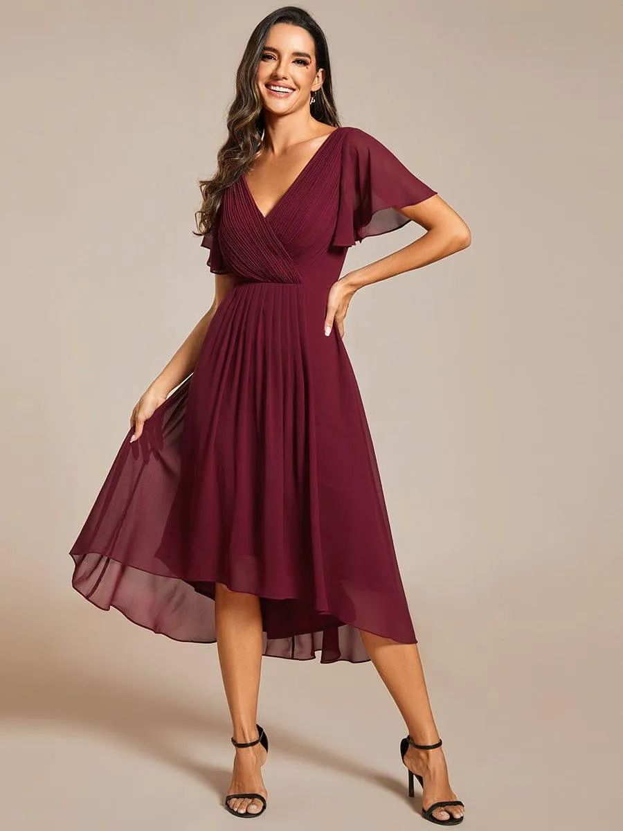 Pleated Asymmetrical Hem Ruffles Sleeve Chiffon Bridesmaid Dress