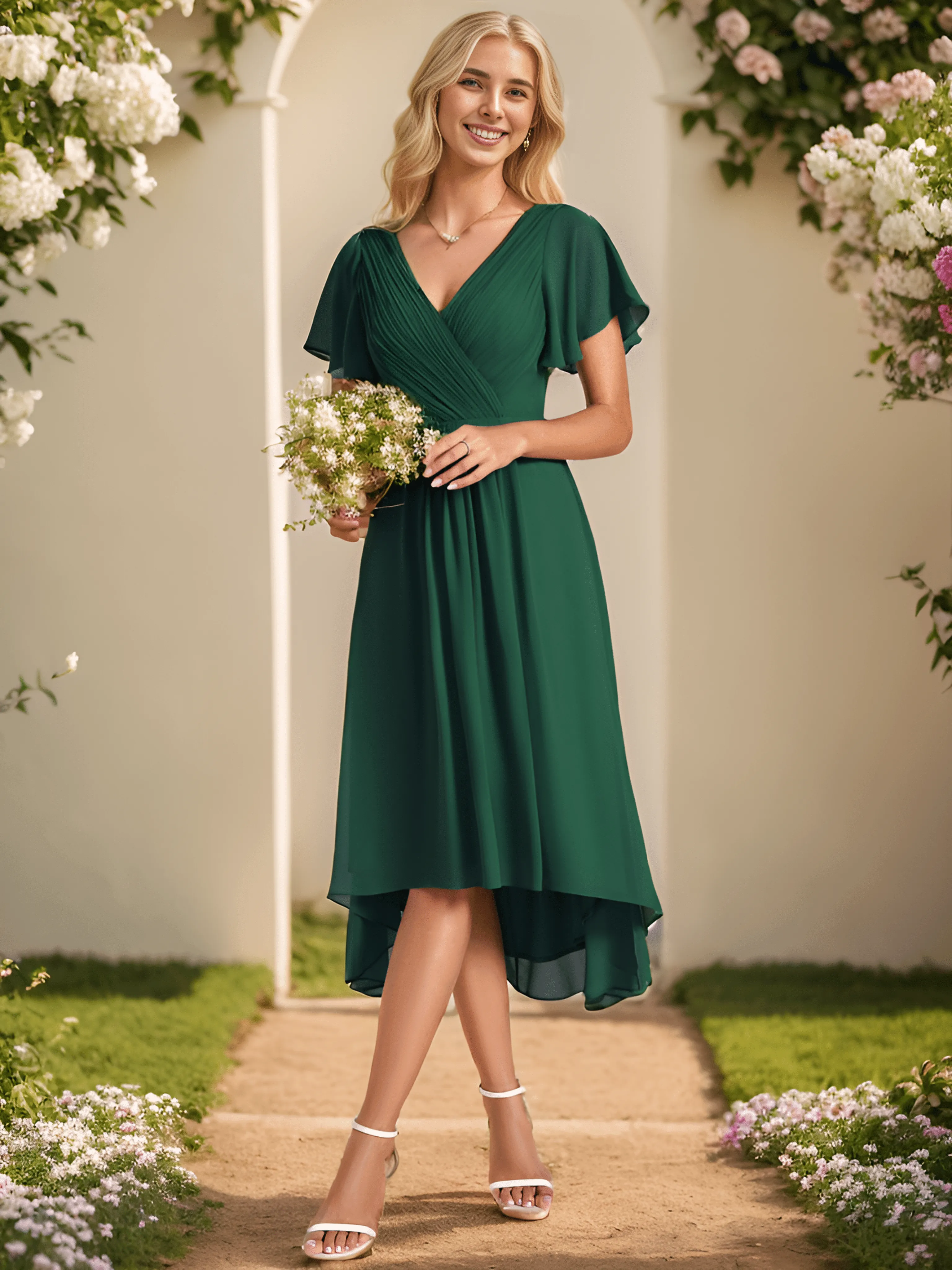 Pleated Asymmetrical Hem Ruffles Sleeve Chiffon Bridesmaid Dress