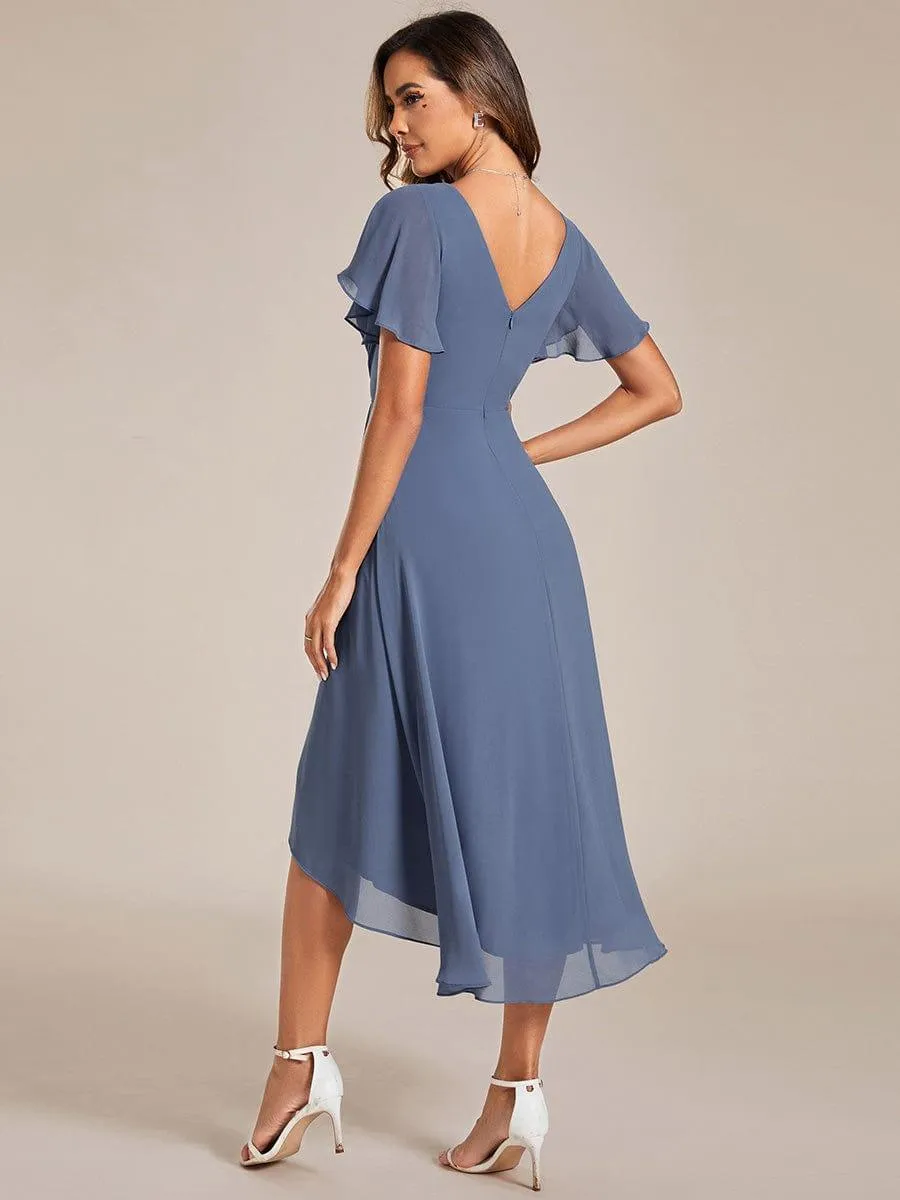 Pleated Asymmetrical Hem Ruffles Sleeve Chiffon Bridesmaid Dress