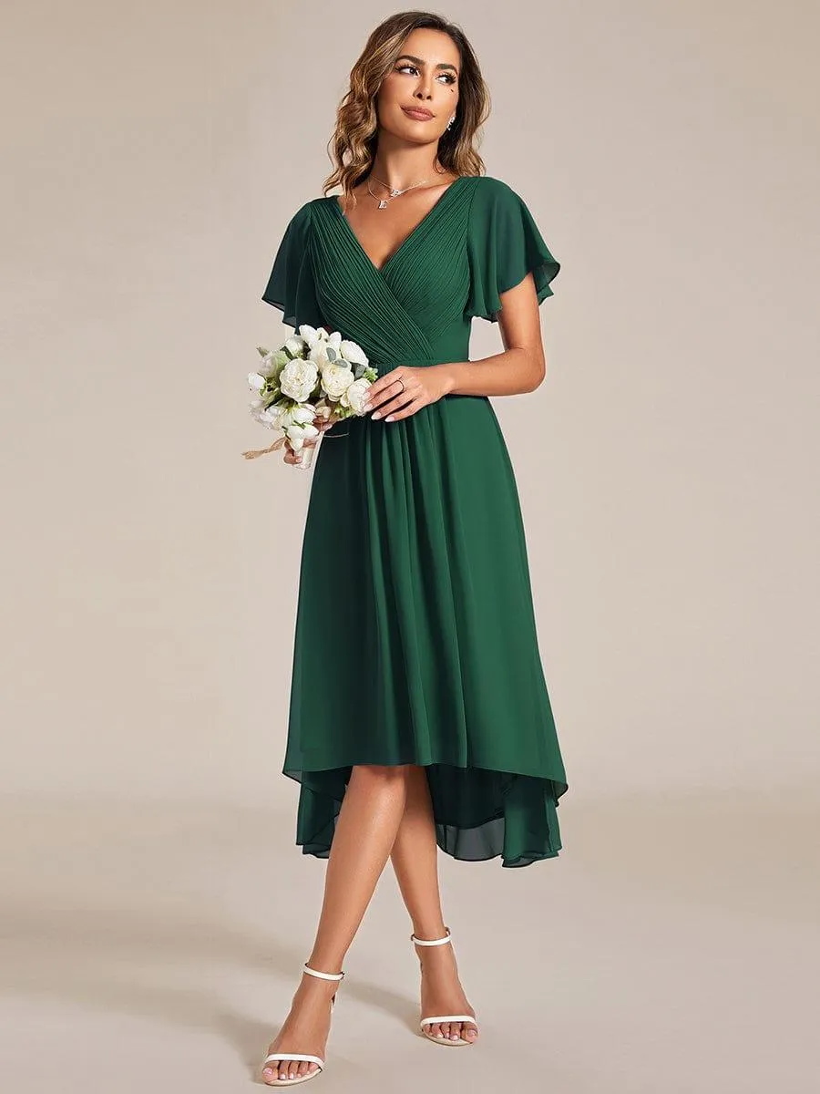 Pleated Asymmetrical Hem Ruffles Sleeve Chiffon Bridesmaid Dress