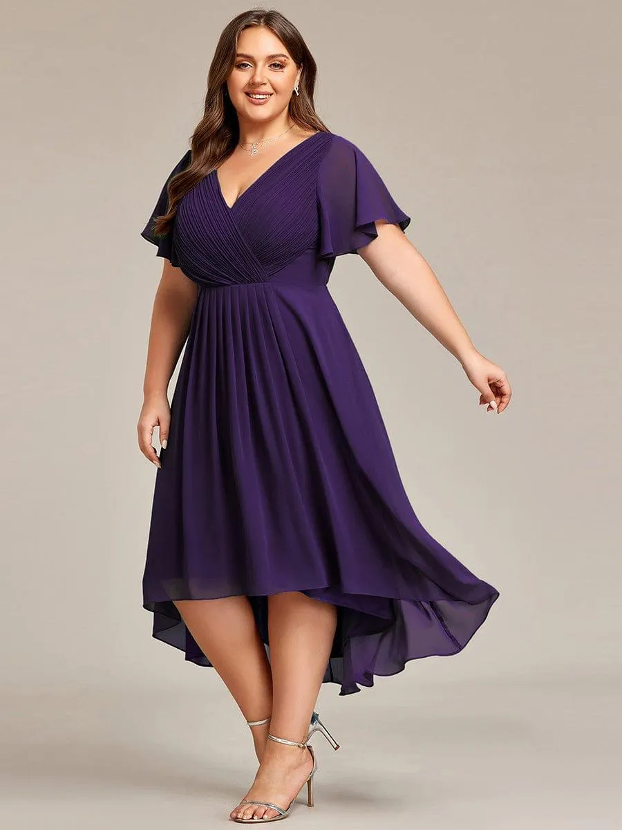Pleated Asymmetrical Hem Ruffles Sleeve Chiffon Bridesmaid Dress