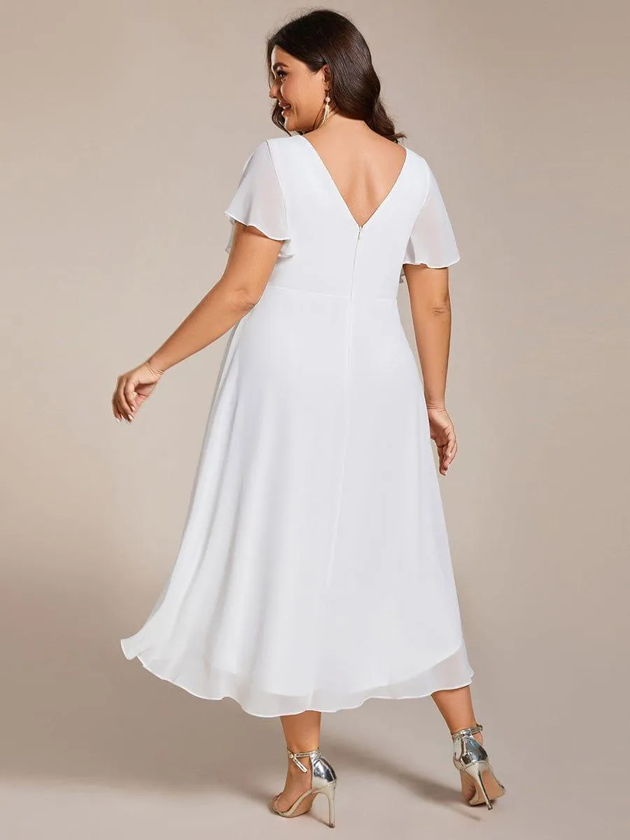 Pleated Asymmetrical Hem Ruffles Sleeve Chiffon Bridesmaid Dress