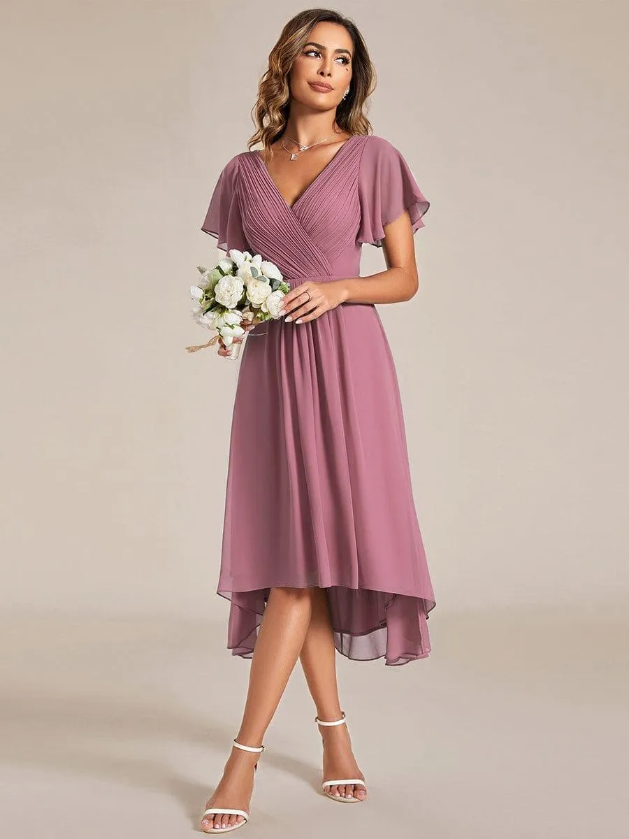Pleated Asymmetrical Hem Ruffles Sleeve Chiffon Bridesmaid Dress