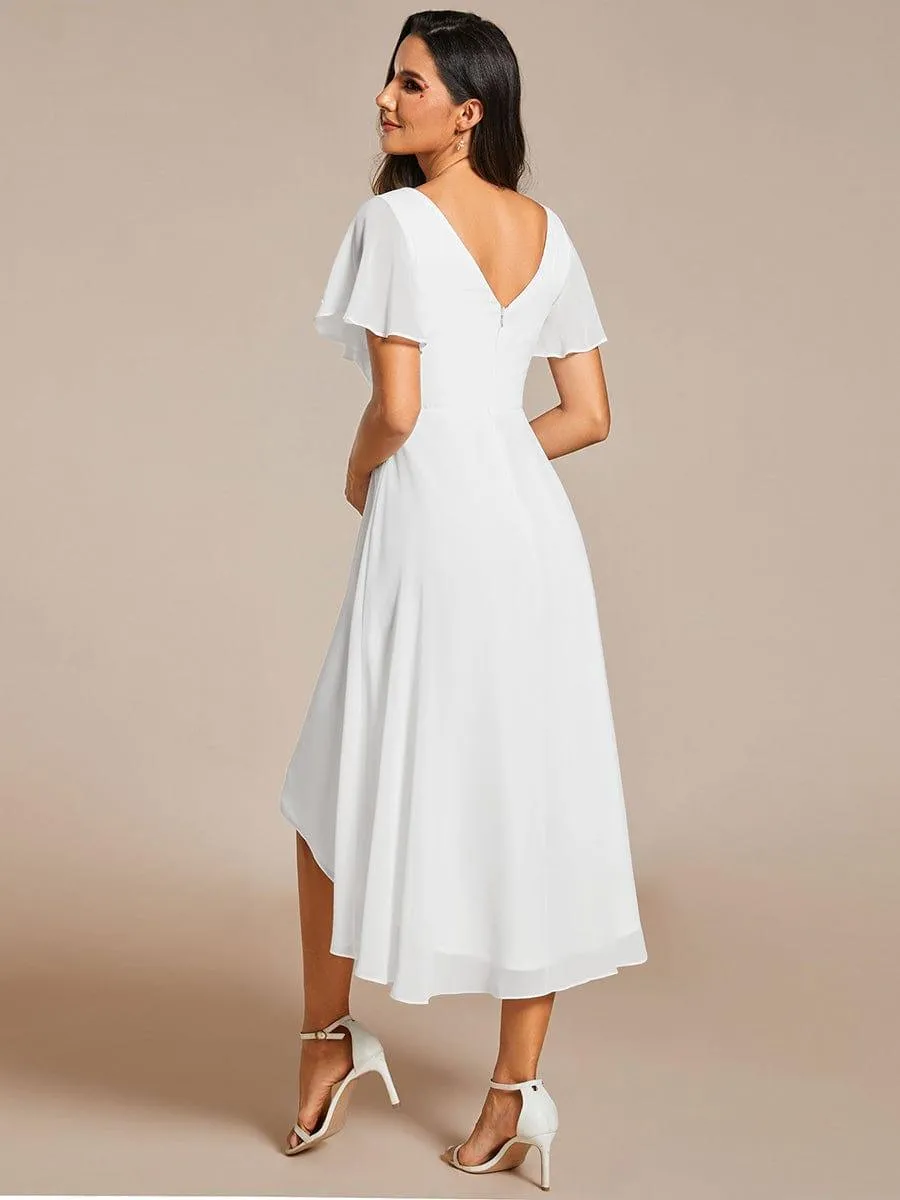 Pleated Asymmetrical Hem Ruffles Sleeve Chiffon Bridesmaid Dress