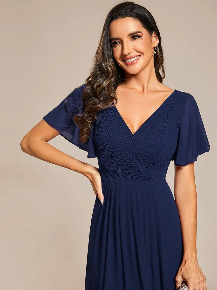 Pleated Asymmetrical Hem Ruffles Sleeve Chiffon Bridesmaid Dress