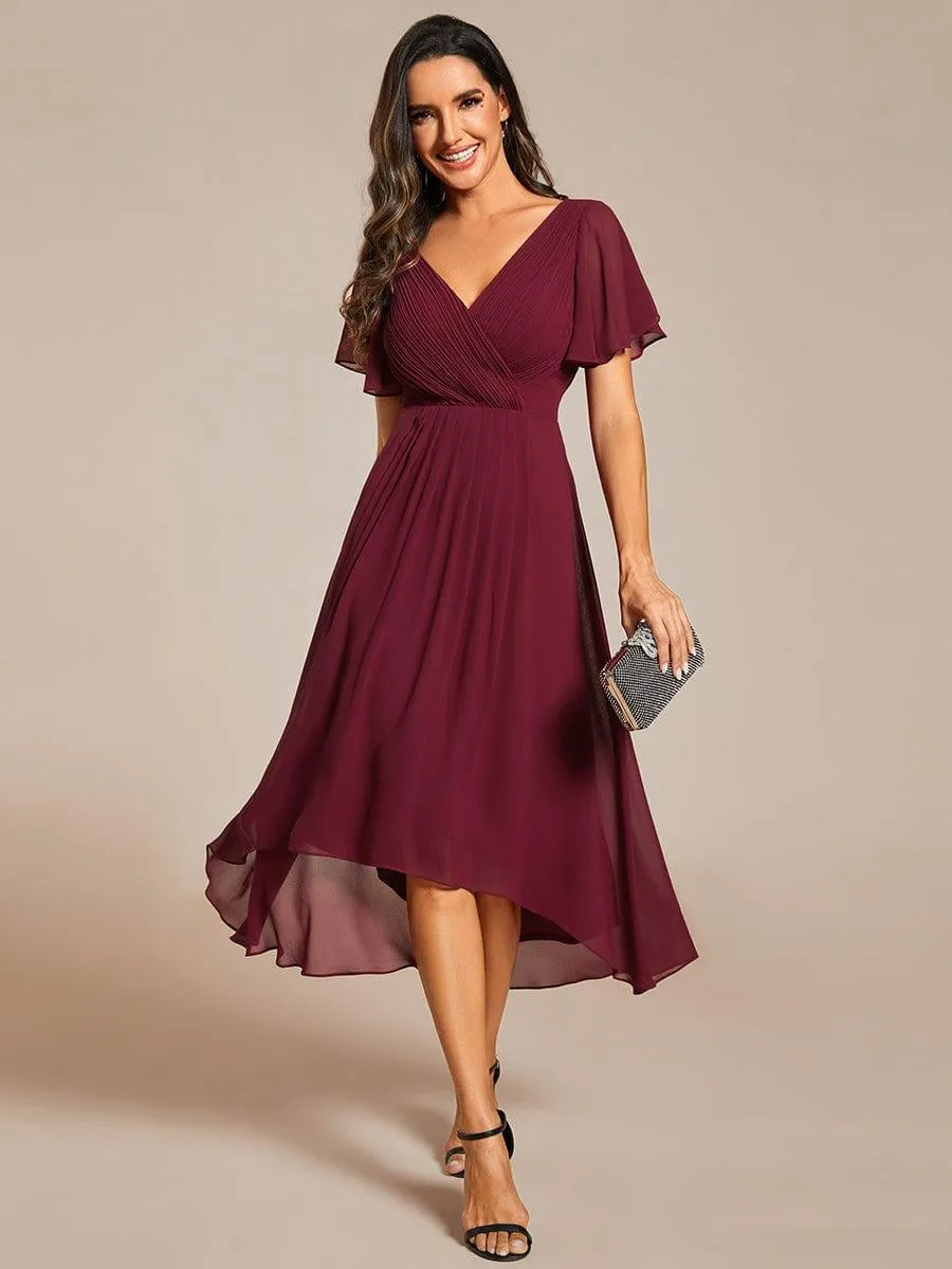 Pleated Asymmetrical Hem Ruffles Sleeve Chiffon Bridesmaid Dress