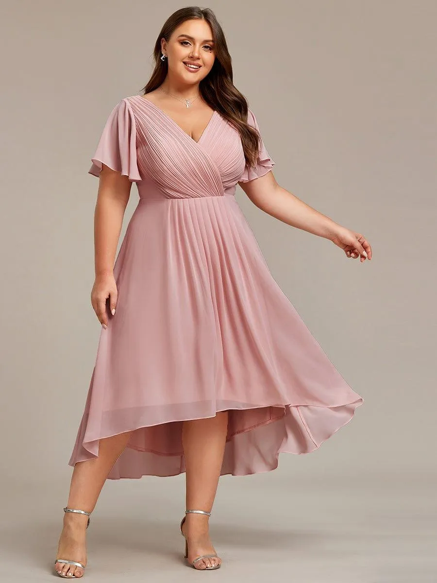 Pleated Asymmetrical Hem Ruffles Sleeve Chiffon Bridesmaid Dress