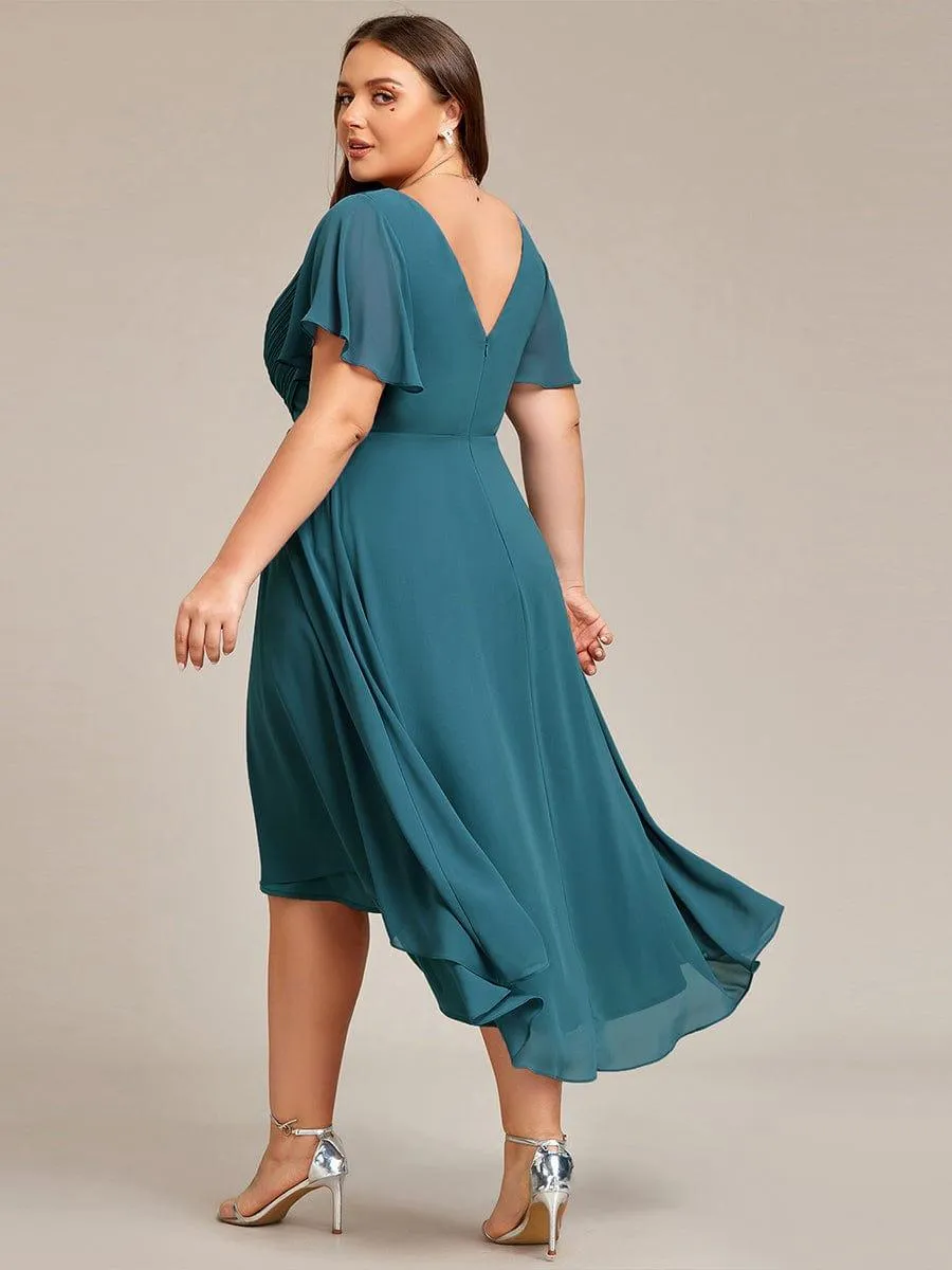 Pleated Asymmetrical Hem Ruffles Sleeve Chiffon Bridesmaid Dress
