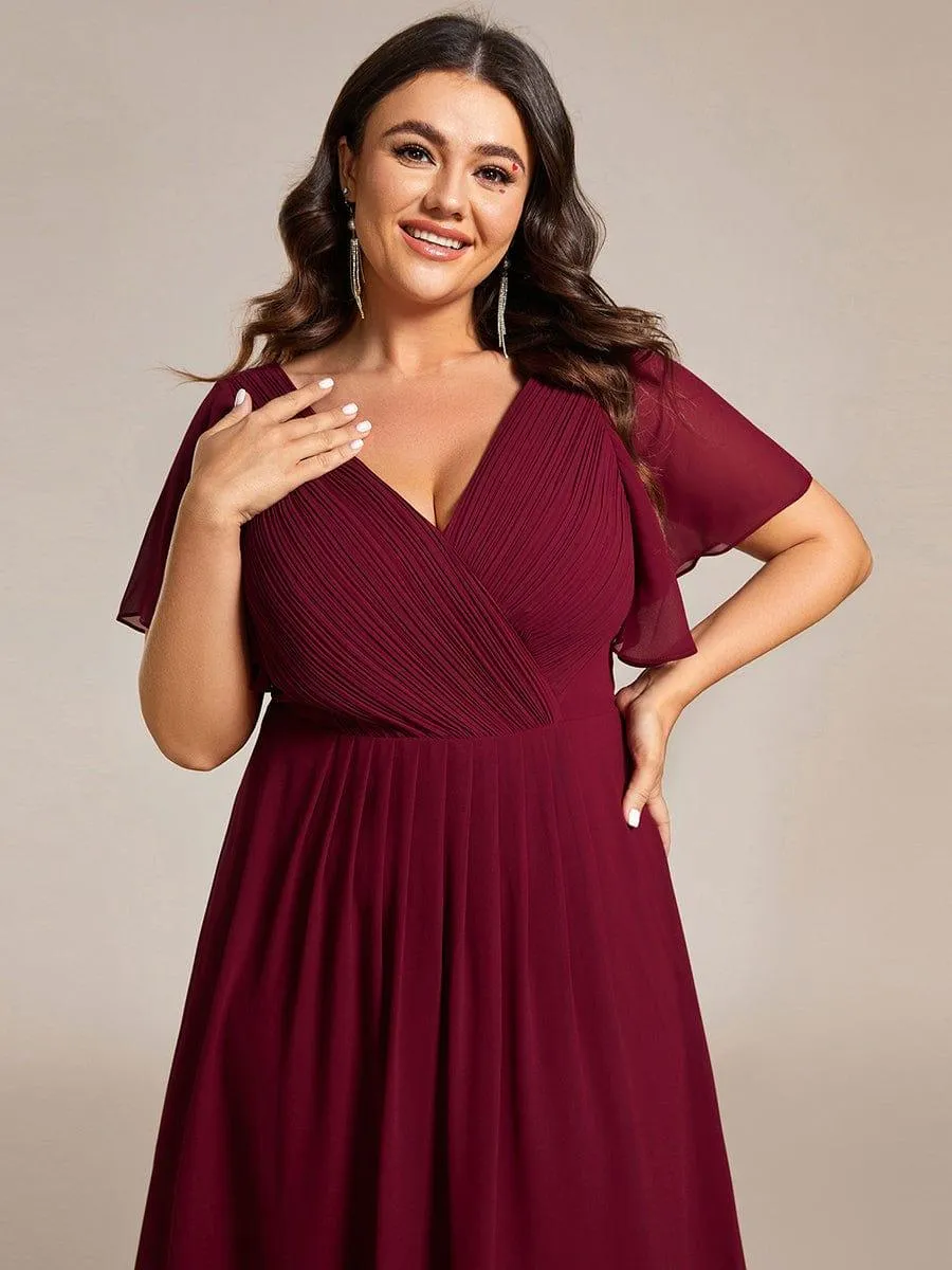 Pleated Asymmetrical Hem Ruffles Sleeve Chiffon Bridesmaid Dress