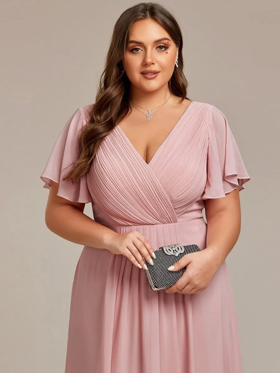 Pleated Asymmetrical Hem Ruffles Sleeve Chiffon Bridesmaid Dress