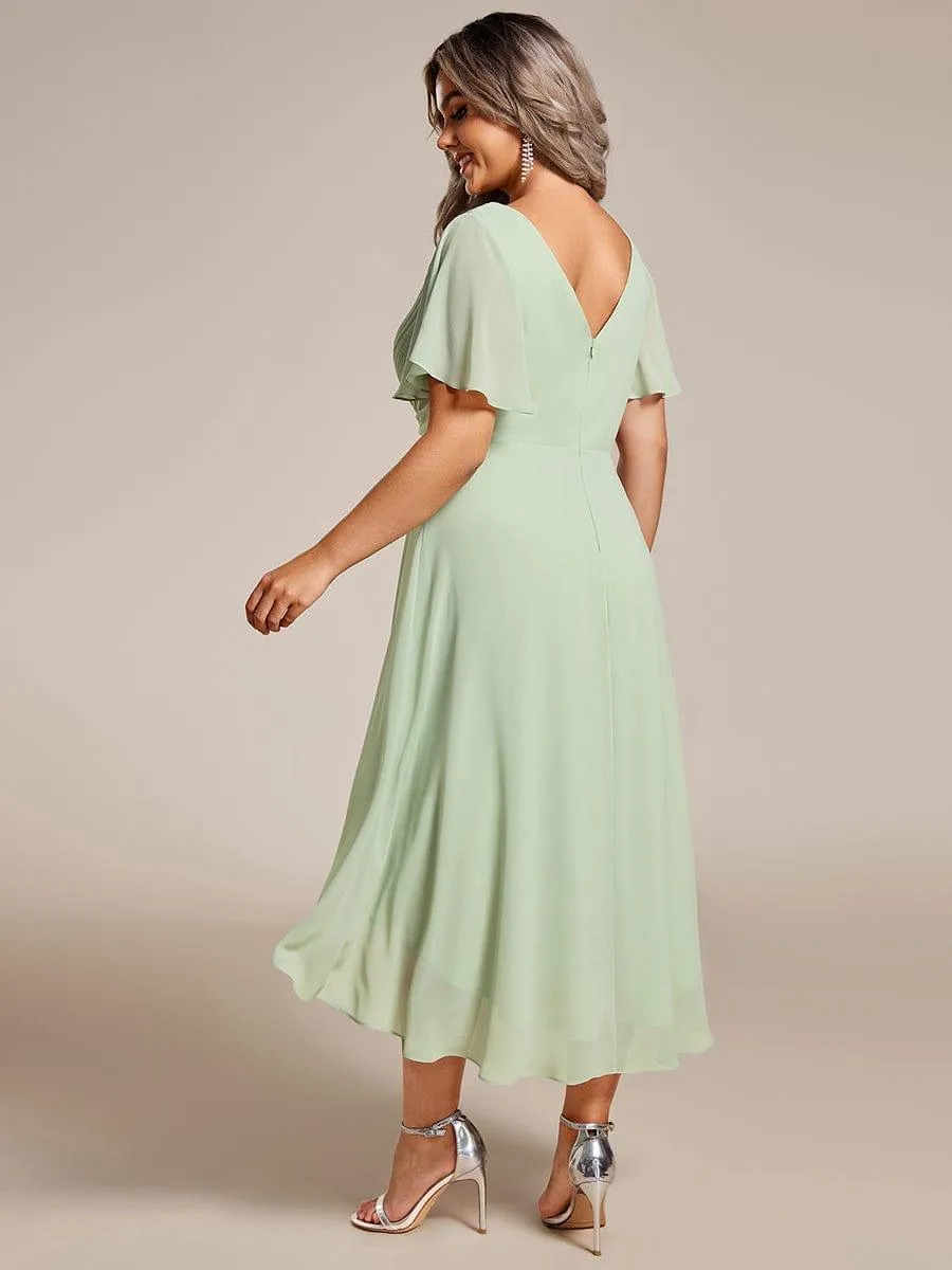 Pleated Asymmetrical Hem Ruffles Sleeve Chiffon Bridesmaid Dress