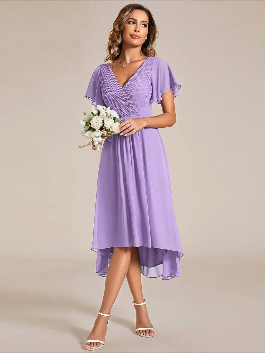 Pleated Asymmetrical Hem Ruffles Sleeve Chiffon Bridesmaid Dress