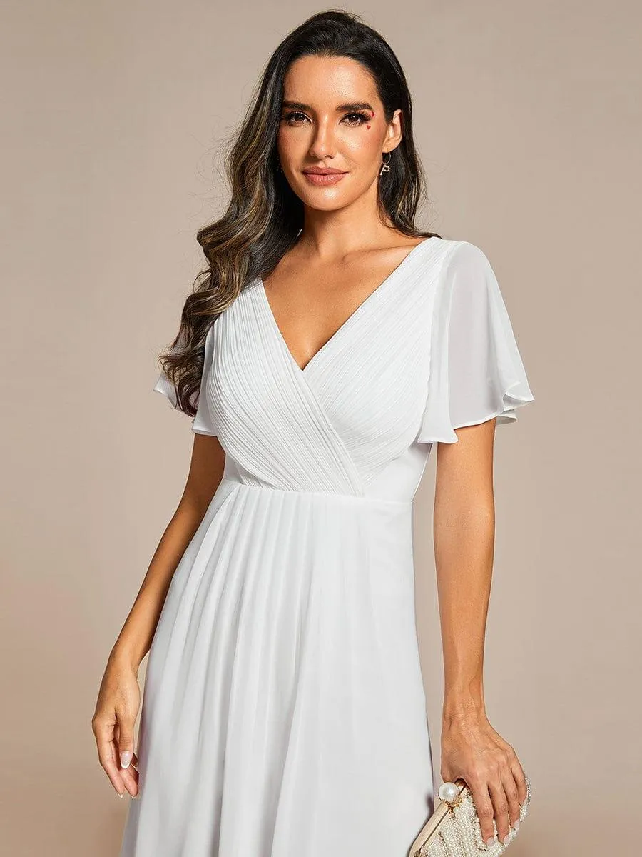 Pleated Asymmetrical Hem Ruffles Sleeve Chiffon Bridesmaid Dress