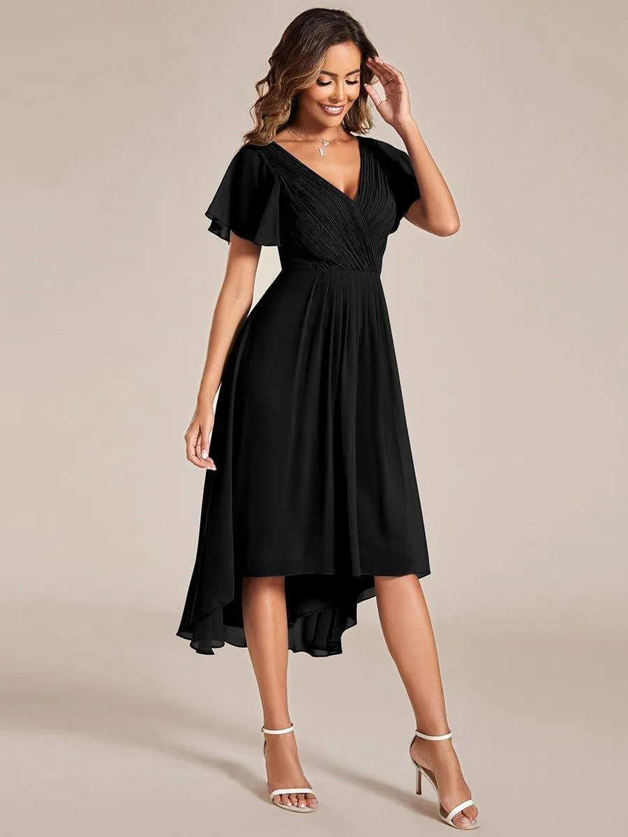 Pleated Asymmetrical Hem Ruffles Sleeve Chiffon Bridesmaid Dress