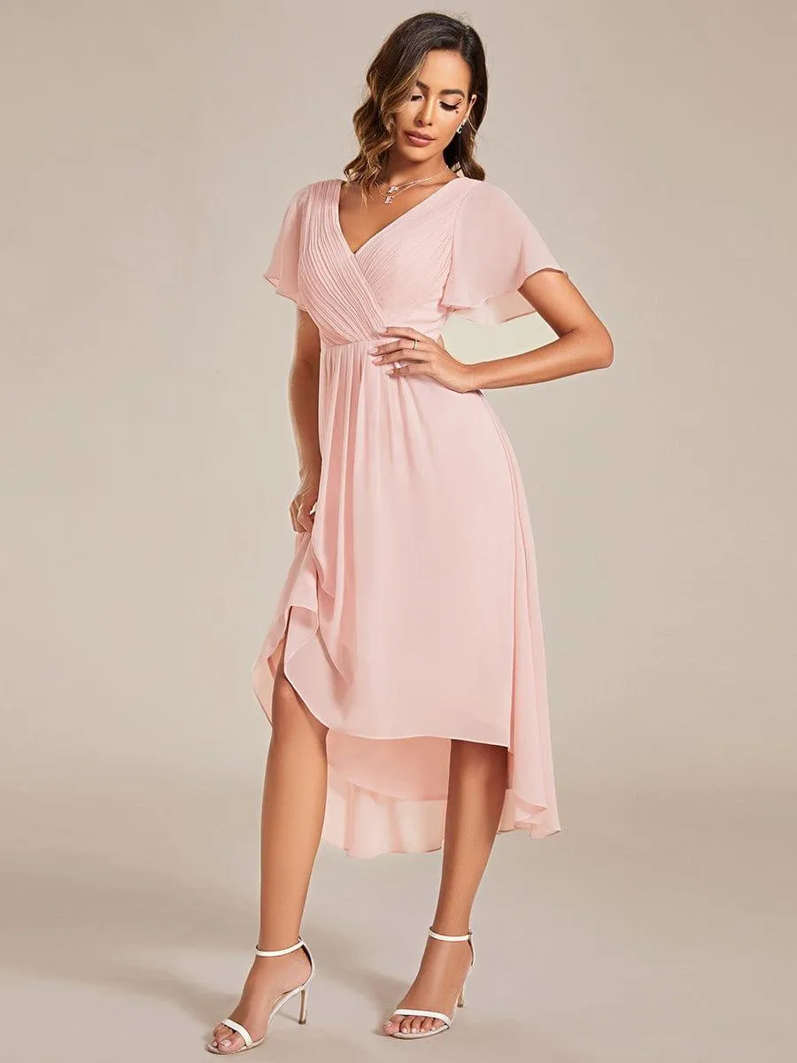 Pleated Asymmetrical Hem Ruffles Sleeve Chiffon Bridesmaid Dress
