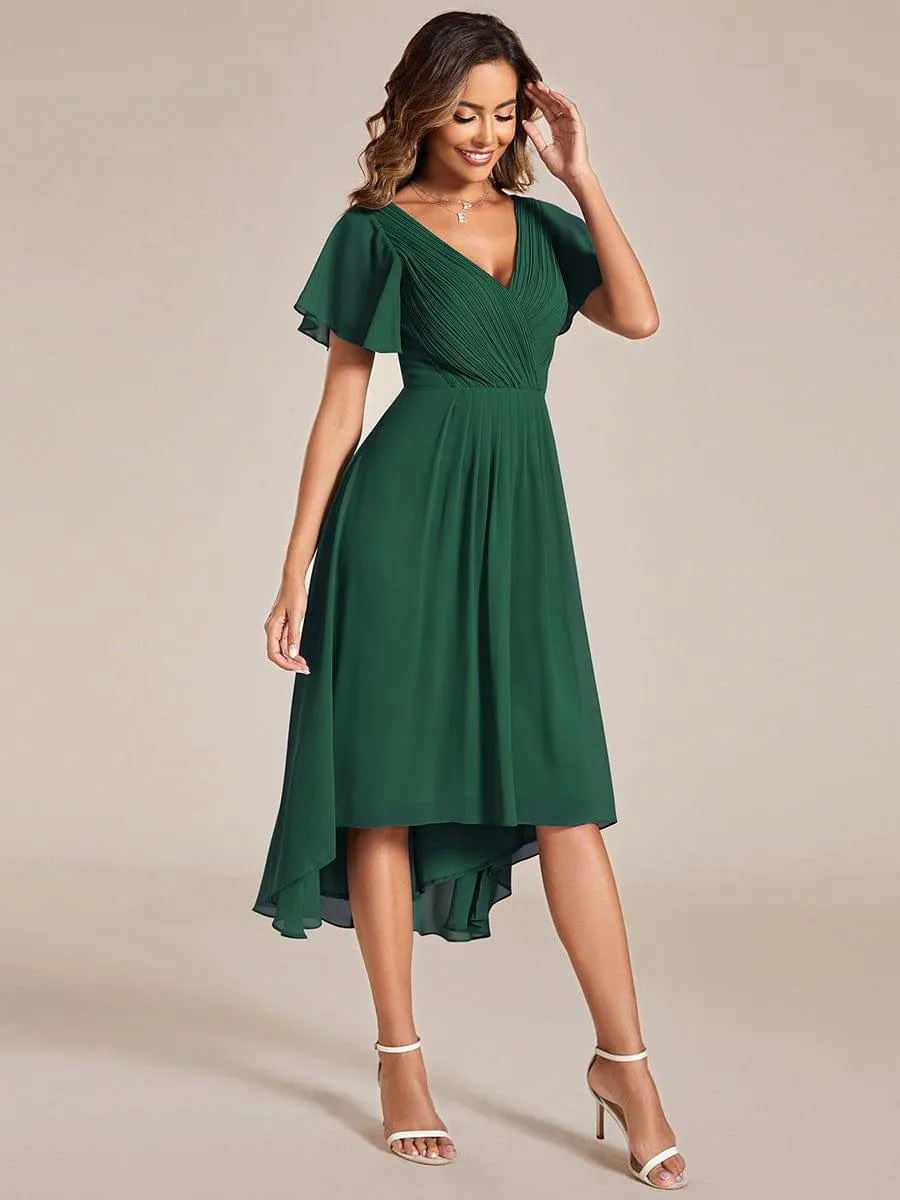 Pleated Asymmetrical Hem Ruffles Sleeve Chiffon Bridesmaid Dress
