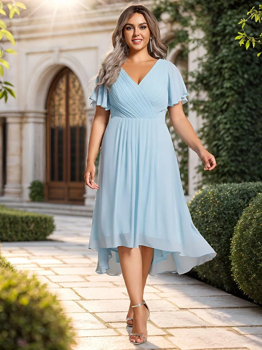 Pleated Asymmetrical Hem Ruffles Sleeve Chiffon Bridesmaid Dress