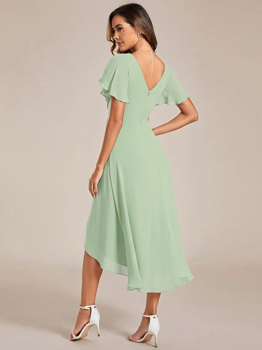 Pleated Asymmetrical Hem Ruffles Sleeve Chiffon Bridesmaid Dress