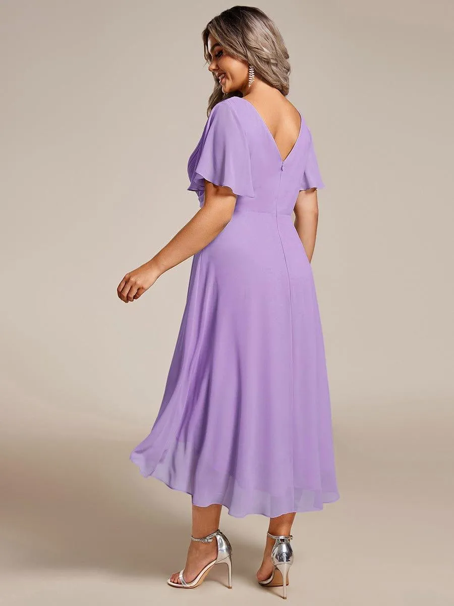 Pleated Asymmetrical Hem Ruffles Sleeve Chiffon Bridesmaid Dress