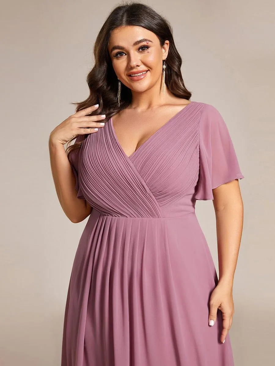 Pleated Asymmetrical Hem Ruffles Sleeve Chiffon Bridesmaid Dress