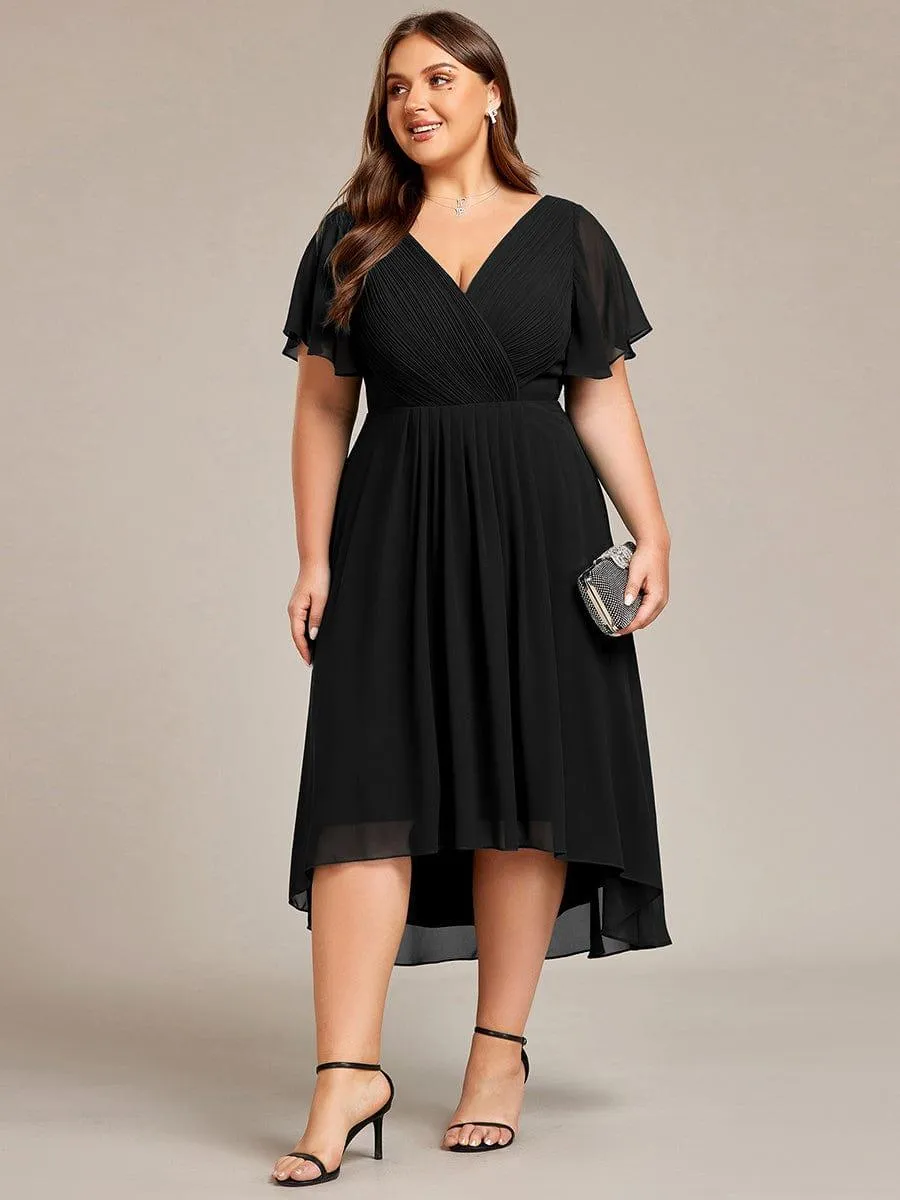 Pleated Asymmetrical Hem Ruffles Sleeve Chiffon Bridesmaid Dress