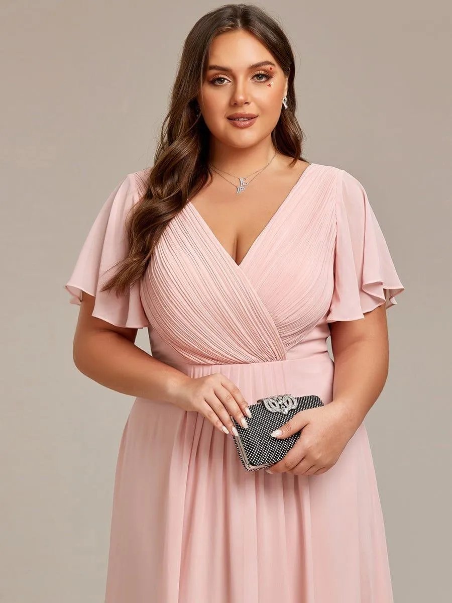 Pleated Asymmetrical Hem Ruffles Sleeve Chiffon Bridesmaid Dress
