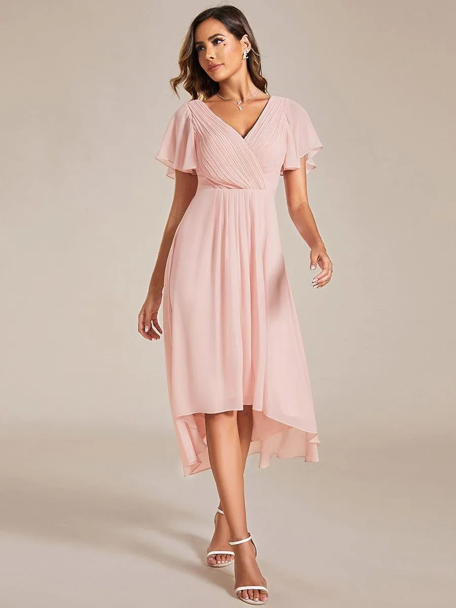 Pleated Asymmetrical Hem Ruffles Sleeve Chiffon Bridesmaid Dress