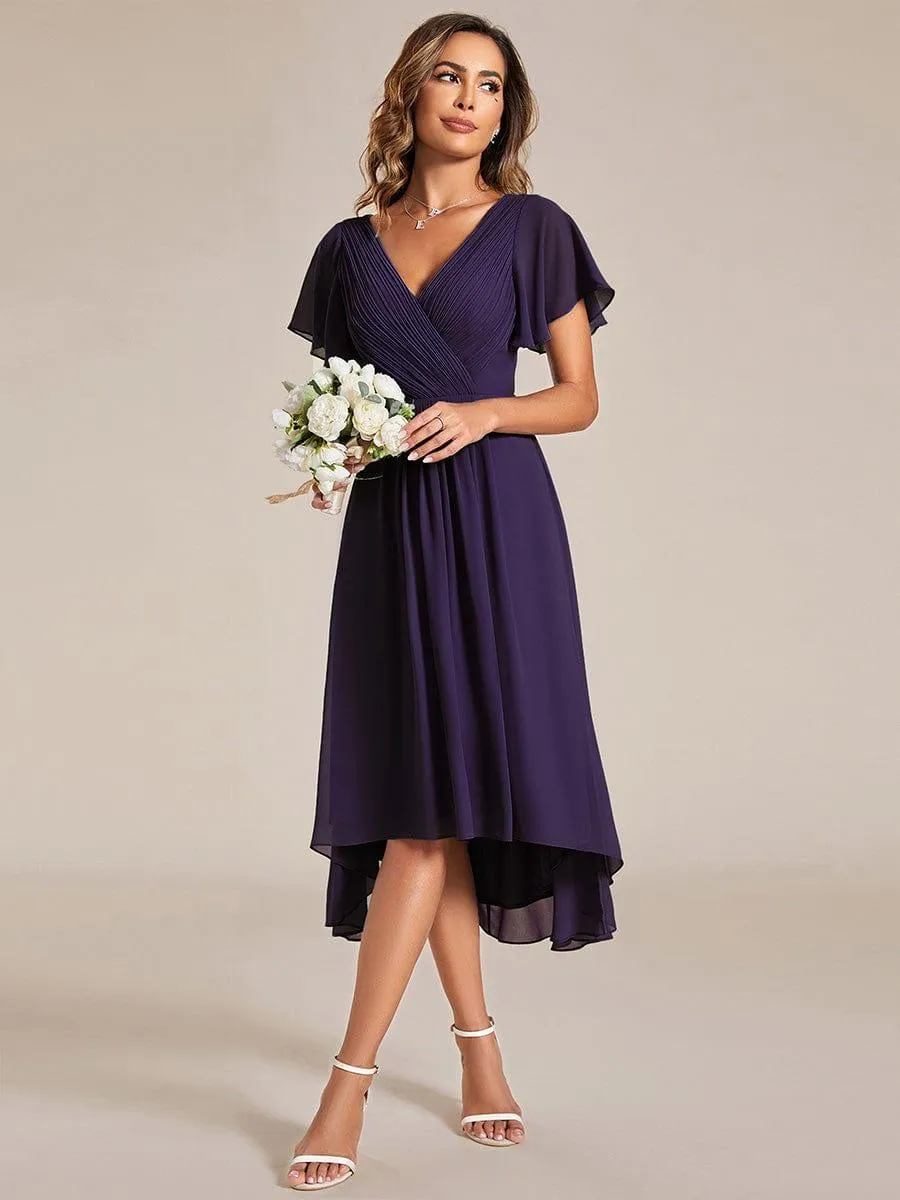 Pleated Asymmetrical Hem Ruffles Sleeve Chiffon Bridesmaid Dress